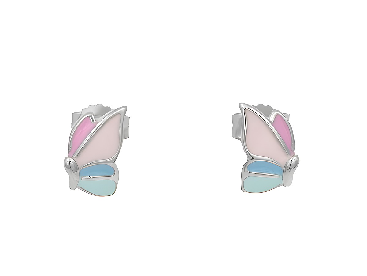 Ohrstecker in Form von Schmetterlingen aus rhodiniertem Sterling Silber, poliert mit buntem Lack in zarten Pastellfarben, geeignet für Kinder, Hersteller Juwelier Harnisch.