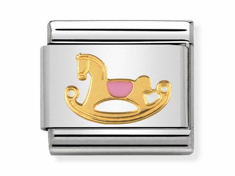 Rosa Pferdchen aus emailliertem Metall mit goldfarbener Umrandung, designed für das Daily Life von Nomination, Modell 030242 43, als Teil der Composable Classic Kollektion.