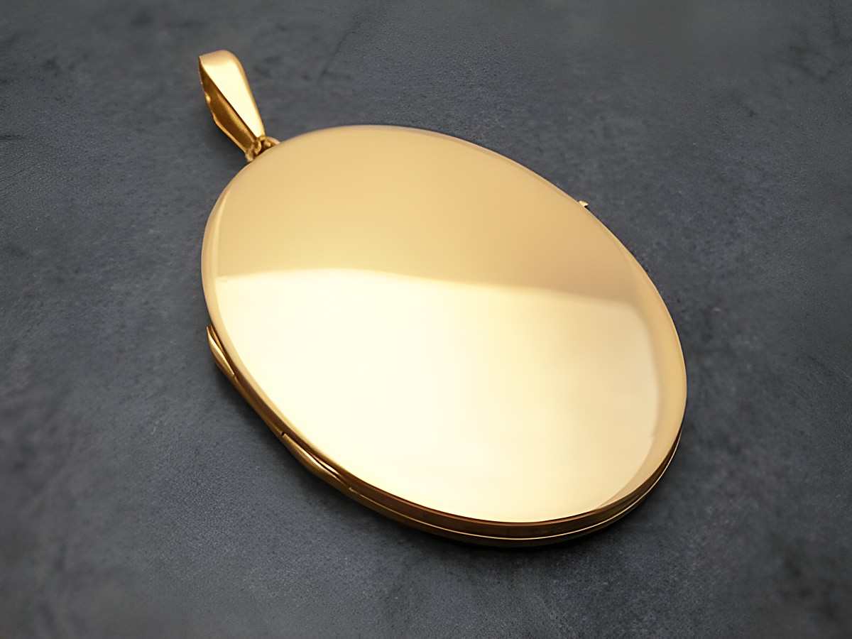 Gold Medaillon - Luxus Schmuckstück - 44 mm - Gold 585 - poliert - mattiert, Hersteller: Juwelier Harnisch, ovales Design in glänzender Optik auf dunklem Hintergrund. – Ansicht 2