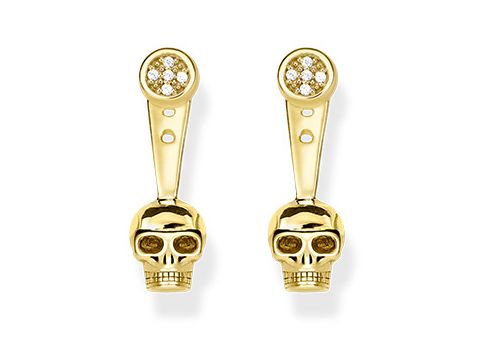 Ohrstecker von Thomas Sabo in gold mit Totenkopf-Design und funkelnden Steinchen, die in einem eleganten Ear Jacket-Stil präsentiert werden.