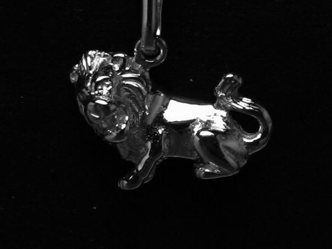 Löwe aus rhodiniertem 925 Sterling Silber, detailreiche Gestaltung, glänzende Oberfläche, ideal als Anhänger für das Sternzeichen Löwe, hergestellt von Juwelier Harnisch.