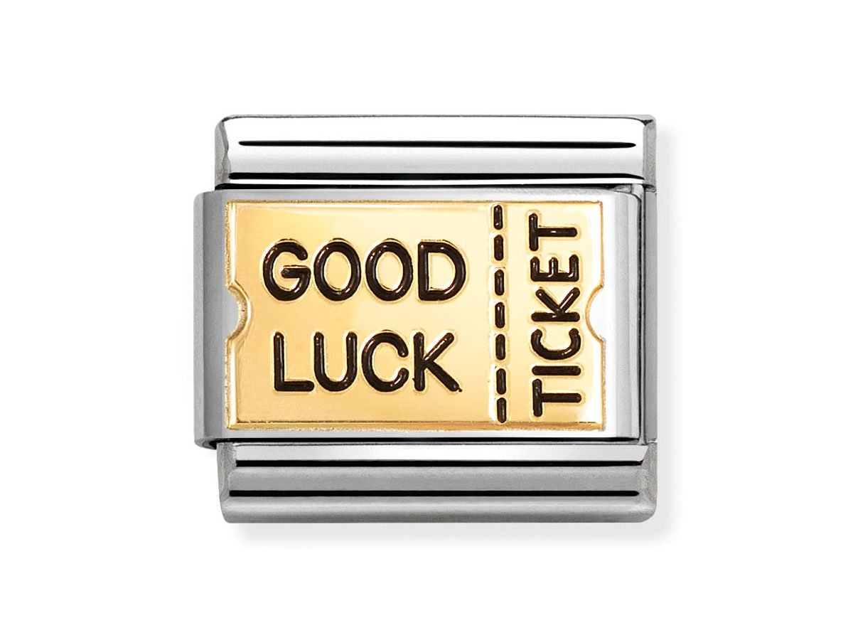 Plättchen aus 585 Gelbgold mit dem Aufdruck Good Luck Ticket, umrahmt von einem silbernen Rahmen, Hersteller ist Nomination, geeignet für die Kreation von Armbändern.