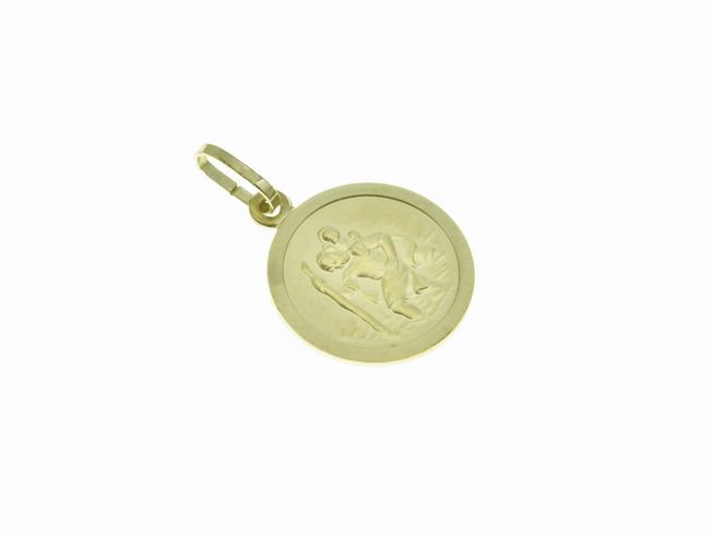 Christophorus Schutzpatron Gold Anhänger poliert und matt mit detaillierten Gravuren, hergestellt von Juwelier Harnisch, ideal als religiöses Schmuckstück oder Geschenk.
