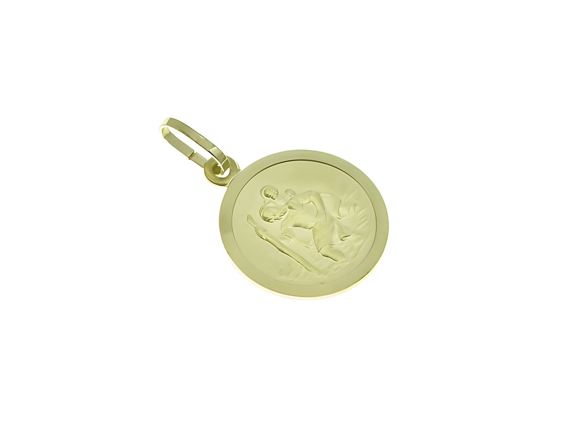 Christophorus Schutzpatron Gold Anhänger poliert und matt mit detaillierten Gravuren, hergestellt von Juwelier Harnisch, ideal als religiöses Schmuckstück oder Geschenk.