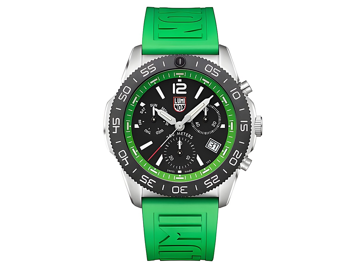 Luminox PACIFIC DIVER CHRONO 3140 SERIES grüne Uhr mit schwarzem Ziffernblatt und chronographischen Funktionen, 44 mm Gehäuse, Gummiarmband, Hersteller Luminox, SEA Serie.