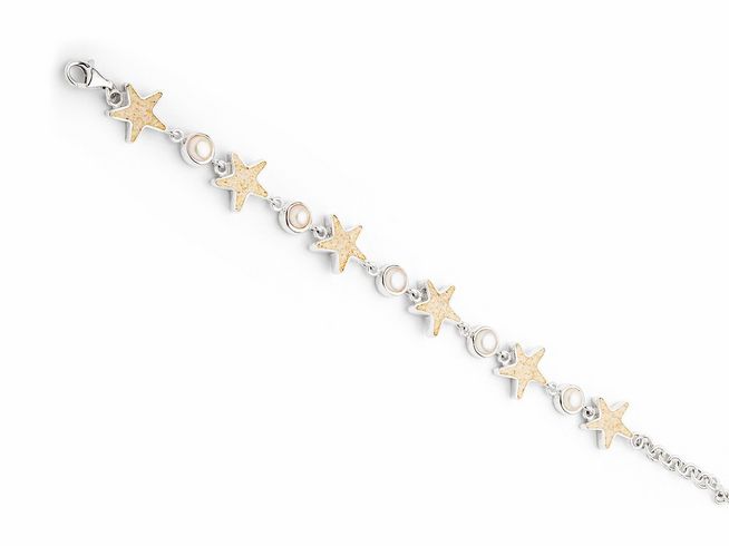 Armband aus rhodiniertem Sterling Silber mit Sandseesternen und Perlen, Länge von 16,5 bis 20 cm, stilvolles maritimes Design von DUR.