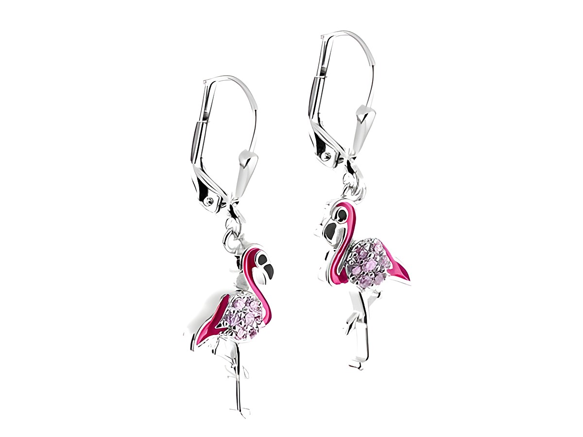 Flamingo Ohrhänger mit Zirkonia in pink und rosa Glanz aus rhodiniertem Silber von Juwelier Harnisch, schmücken das Ohr mit einem funkelnden Stein und stilvollem Design.