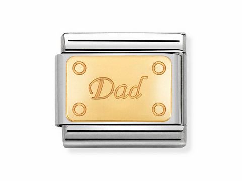 Edelstahl-Plakette mit goldenem Schriftzug Dad und Punkten, Teil der Composable Classic Kollektion von Nomination, hochwertig verarbeitet mit 18kt Gold.