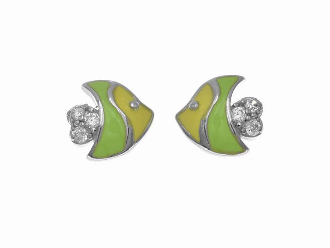 Ohrstecker aus Sterling Silber in Fischform, poliert und rhodiniert, mit gelber und hellgrüner Lackierung sowie Zirkonia, ideal für Kinder, Hersteller Juwelier Harnisch.