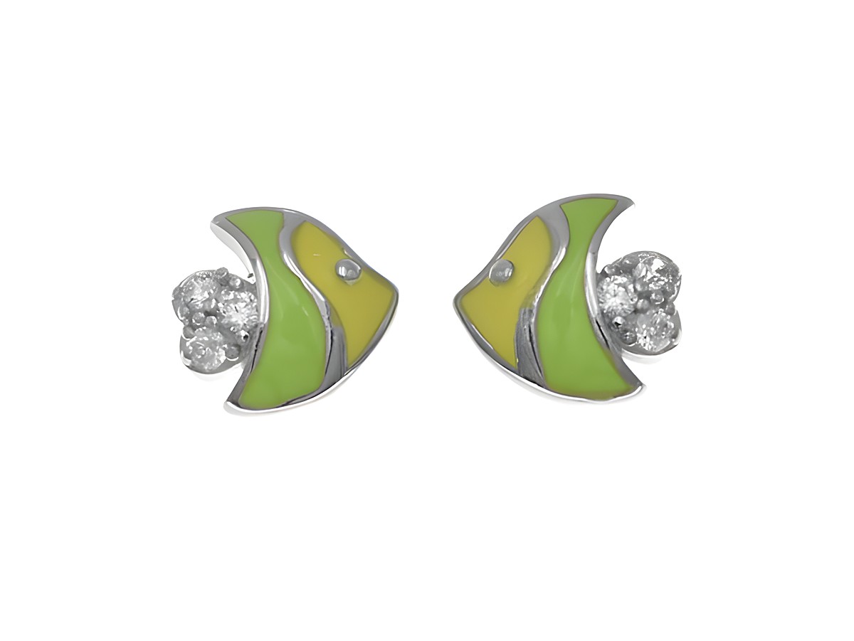 Ohrstecker aus Sterling Silber in Fischform, poliert und rhodiniert, mit gelber und hellgrüner Lackierung sowie Zirkonia, ideal für Kinder, Hersteller Juwelier Harnisch.