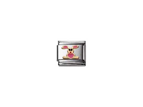 Emailliertes Charm mit einem rosa Kaninchen, das ein Herz hält. Der moderne und verspielte Look macht es ideal für eine persönliche Schmuckkollektion. Hersteller Nomination.