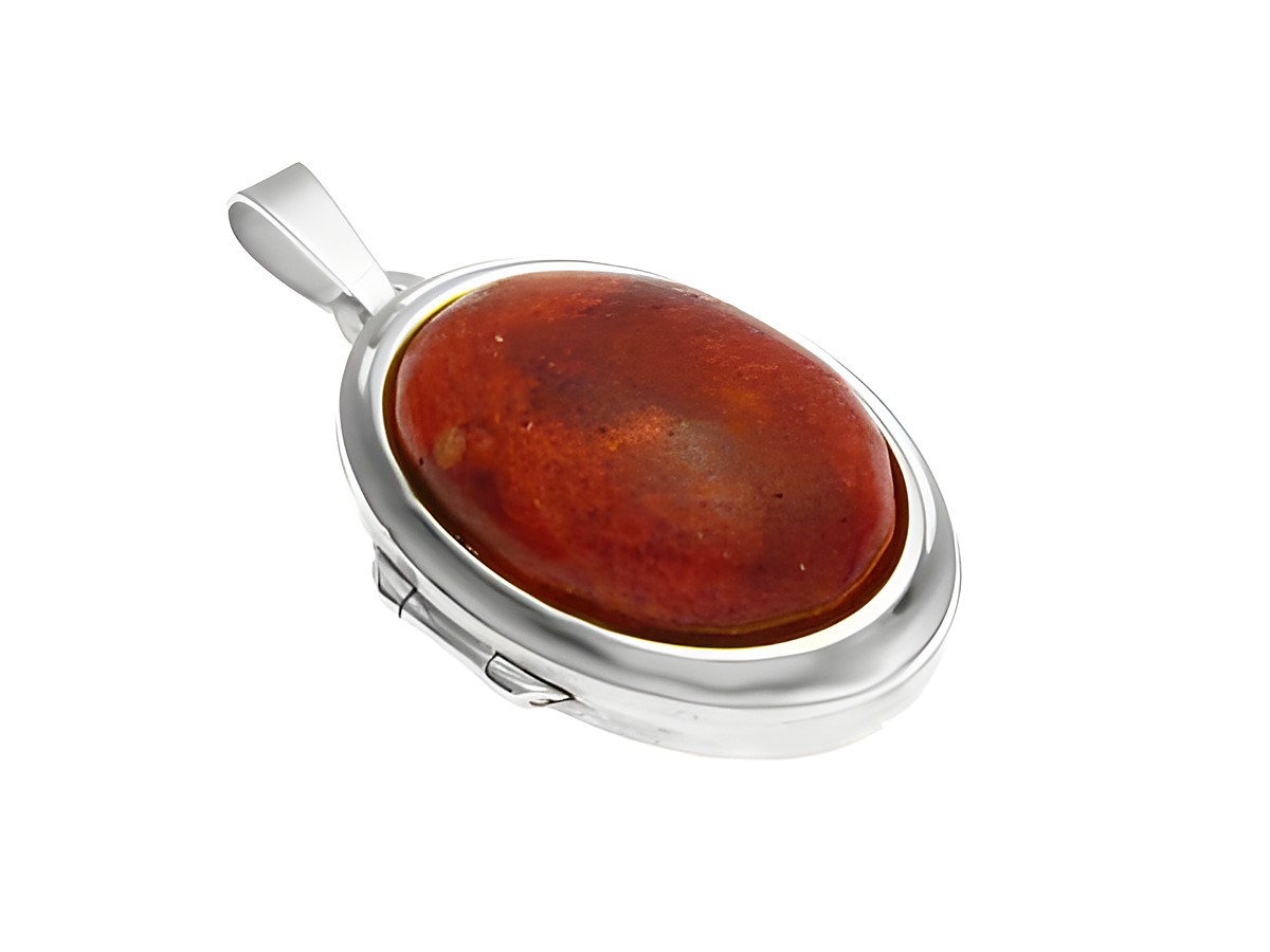 Korallenmedaillon aus Cabochon mit 925 Silber rhodiniert, elegant verarbeitet, Hersteller Juwelier Harnisch, ideale Schmuckstück für stilvolle Anlässe.