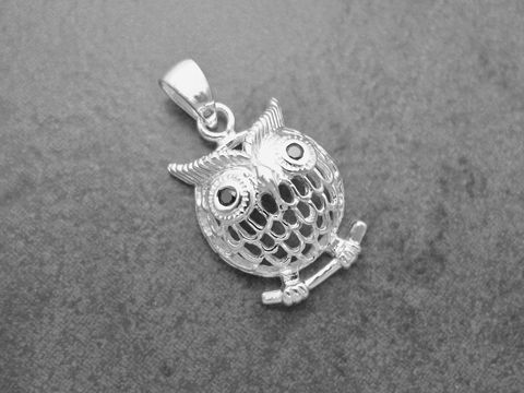 Silber Anhänger einer Eule, die auf einem Ast sitzt, mit Zirkonia in schwarz, als Kauz und Glücksbringer gestaltet, vom Juwelier Harnisch, geeignet für Tierliebhaber.