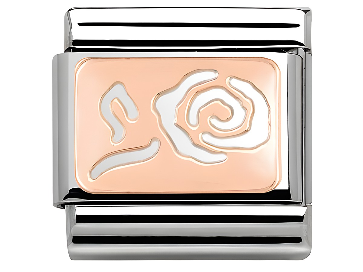 Nomination Classic Roségold 430101 13 Rose zeigt ein Roségold Charm mit einer stilisierten Rosenzeichnung, umrahmt von glänzendem Silber. Ideal für Armbänder.