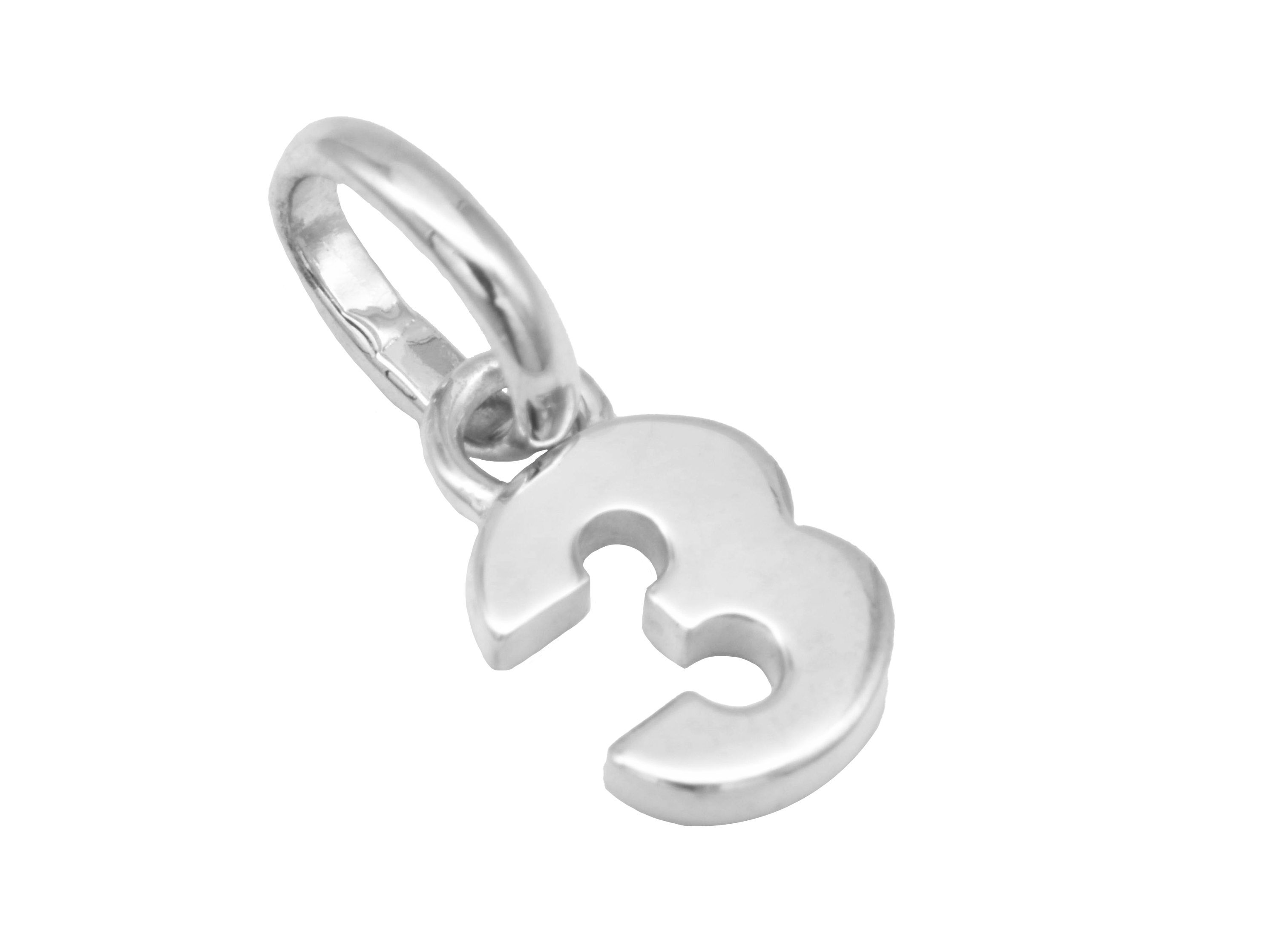 Silber Anhänger Zahl 3 aus rhodiniertem, poliertem Sterling Silber, geeignet als Glückszahl, hergestellt von Juwelier Harnisch. Ideal für individuellen Schmuck.