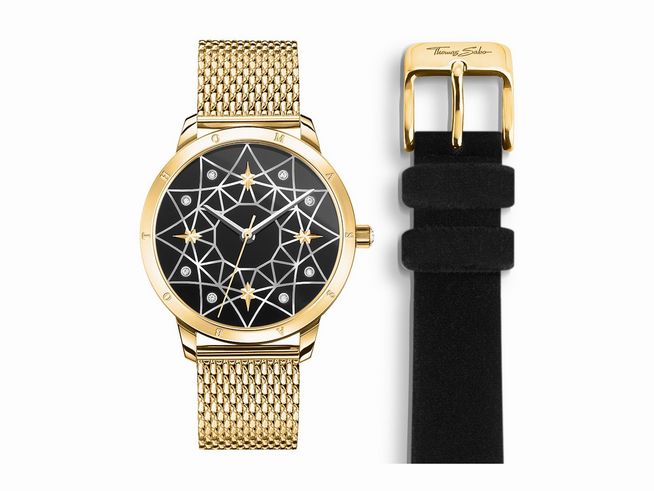 Damenuhr von Thomas Sabo in Gold mit einem schwarzen Zifferblatt und filigranem Design, kombiniert mit einem eleganten Samtarmband. Ein stilvolles Accessoire für jede Gelegenheit.