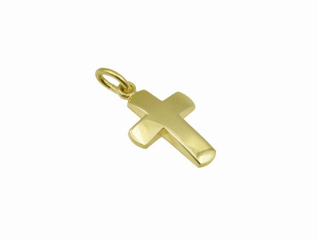 Kreuz Anhänger aus plastischem 585 Gelbgold, poliert, klassische Form, hergestellt von Juwelier Harnisch, eignet sich ideal als Schmuckstück oder Geschenk.