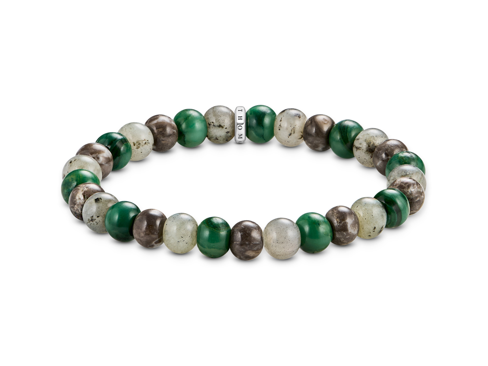 Ein grünes Bead-Armband von Thomas Sabo mit verschiedenen farbigen Perlen, das elegant und modern wirkt. Das Armband hat eine Länge von 17 cm und gehört zur Rebel Basics Kollektion.