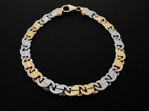 Armband aus bicolor Gold 585 mit breite Stäbchenpanzer in der Dimension 6 x 1,5 mm, Länge 19 cm, hergestellt von Juwelier Harnisch, elegantes und zeitloses Design.