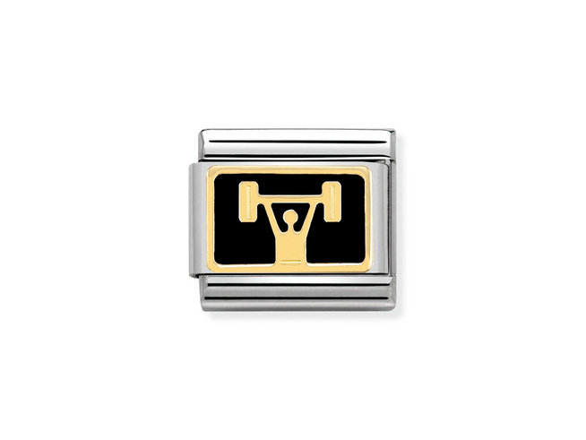 Ein silberner Charm aus Edelstahl mit einer schwarzen Emaille-Oberfläche, darauf ein goldfarbener Hebel mit einer Person, die Gewicht hebt, geeignet für die Nomination Classic Kollektion.