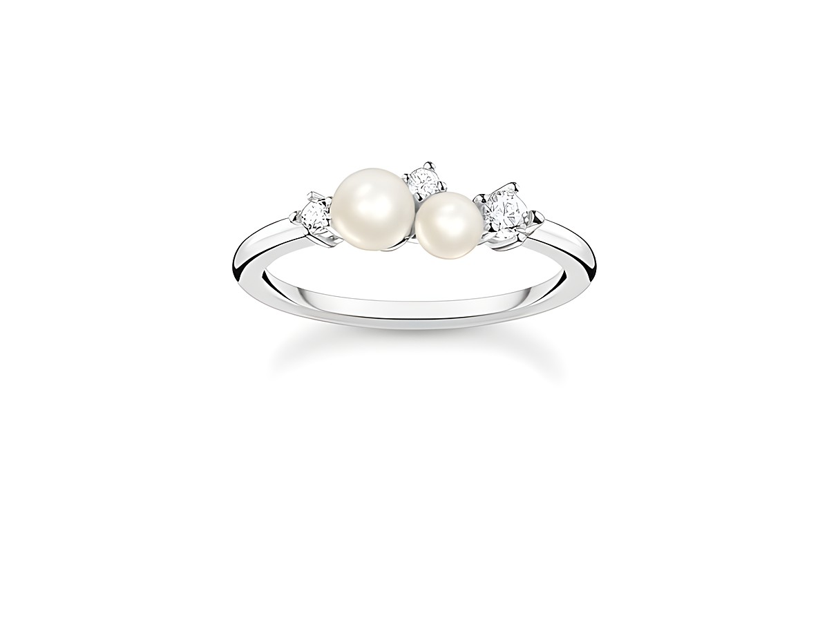 Thomas Sabo Charming Ring TR2368-167-14-60 aus Sterling Silber mit zwei eleganten Perlen und weißen Zirkonia-Steinen, Größe 60, zeitloses Design für jeden Anlass.