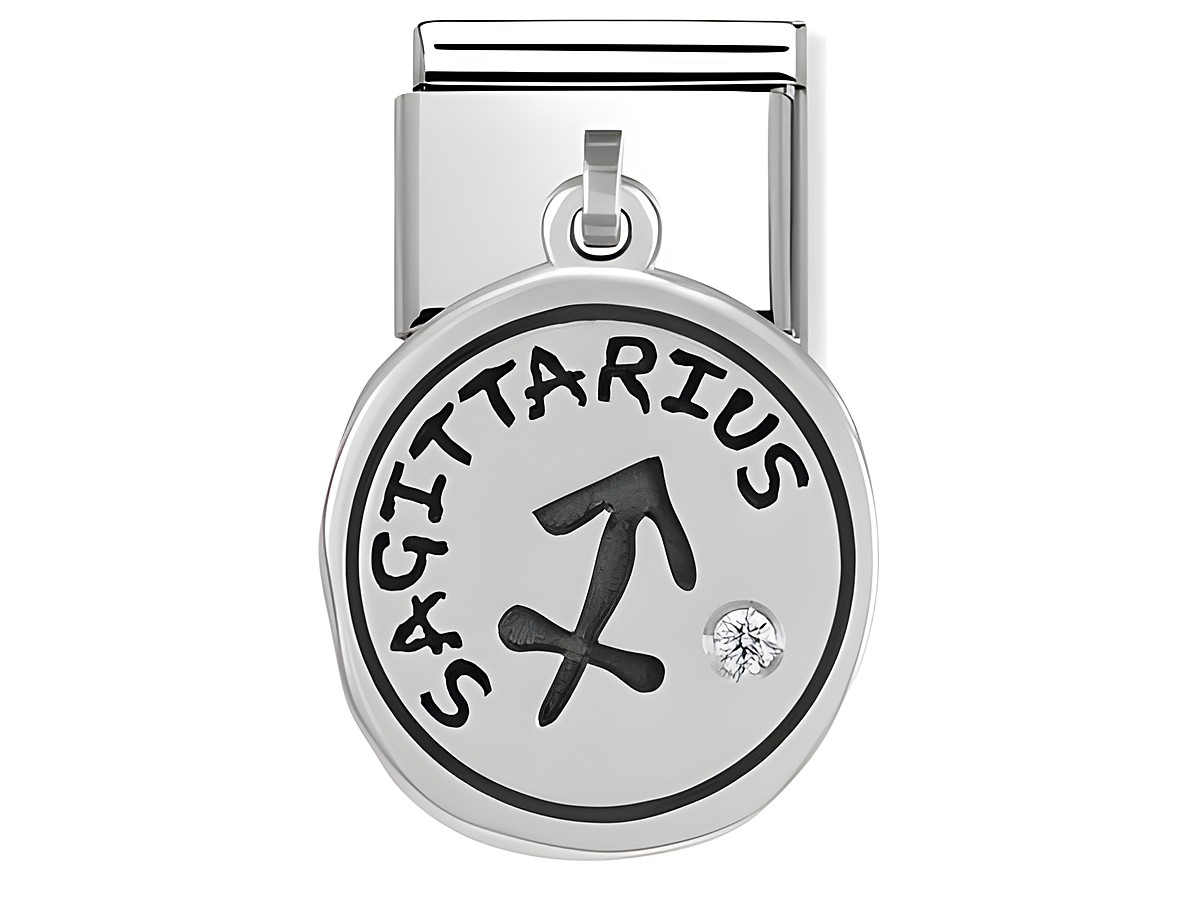 Schmuckstück von Nomination mit dem Sternzeichen Schütze und einem Monatsstein, silberfarben mit schwarzer Schrift und einem funkelnden Stein, ideal als persönliches Geschenk.