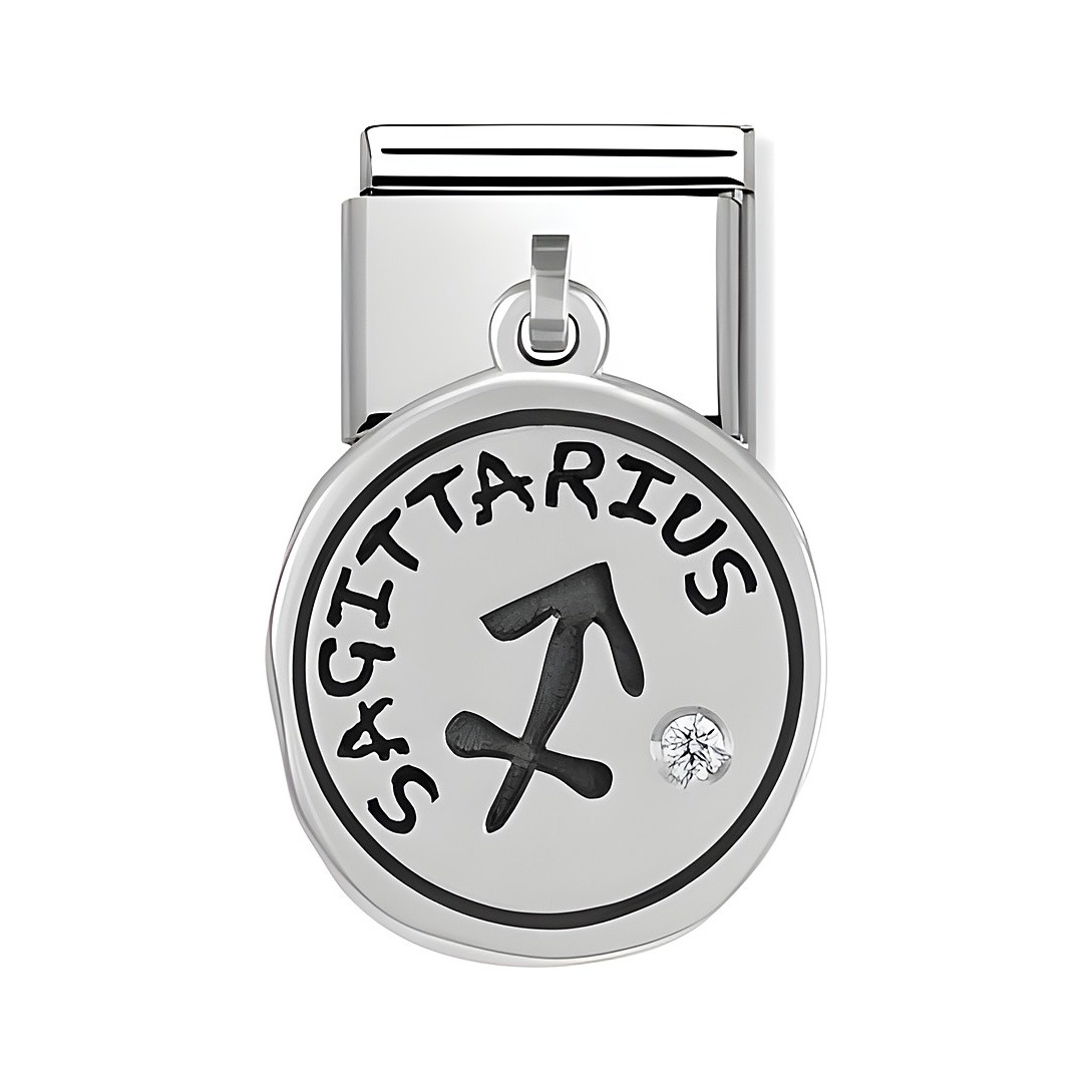 Schmuckstück von Nomination mit dem Sternzeichen Schütze und einem Monatsstein, silberfarben mit schwarzer Schrift und einem funkelnden Stein, ideal als persönliches Geschenk.