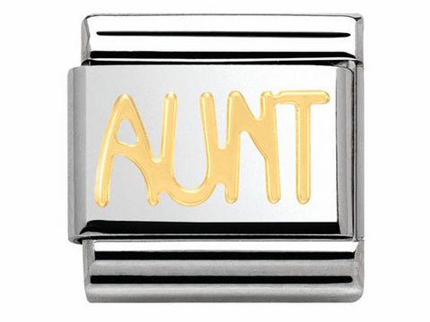 Ein schmucker Charm mit dem Schriftzug Aunt in goldener Schrift auf silbernem Hintergrund, geeignet für Armbänder der Nomination Classic BICOLOR Kollektion.