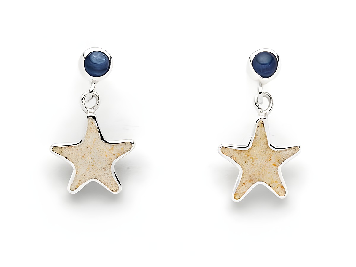 DUR Sandseestern O5522 Sterling Silber Ohrring rhodiniert mit Kyanit und Strandsand, filigranes Design in Sternform, kombiniert mit blauen Kyanitsteinen, elegant und maritim.