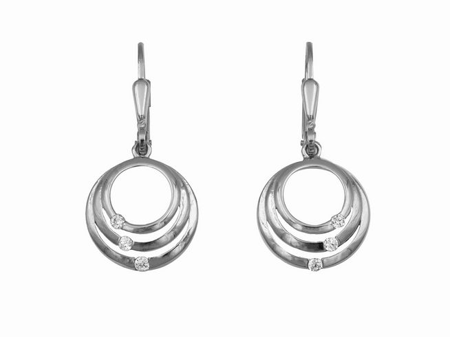 Ohrringe Ohrhänger Kreise aus Sterling Silber rhodiniert mit drei runden Elementen und funkelnden Steinen, Hersteller Juwelier Harnisch, elegantes Schmuckstück für jeden Anlass.