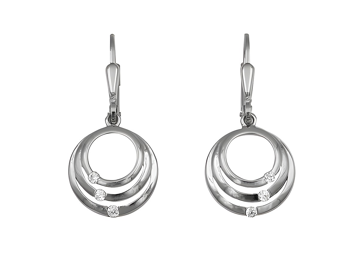 Ohrringe Ohrhänger Kreise aus Sterling Silber rhodiniert mit drei runden Elementen und funkelnden Steinen, Hersteller Juwelier Harnisch, elegantes Schmuckstück für jeden Anlass.