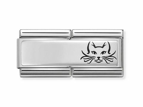 Silberner Charm mit Katzenmotiv von Nomination, Modell Nennung 330710 17 - DOUBLE Classic Silver Shine, elegantes Design mit schwarz gravierter Katzenzeichnung.