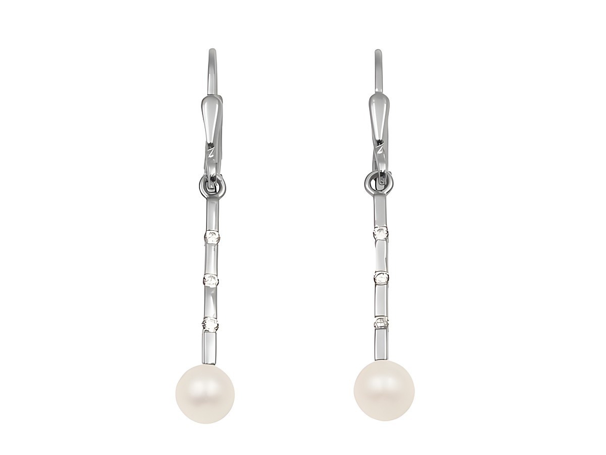 Ohrhänger aus 925 Sterling Silber, poliert und rhodiniert, mit einer Süßwasser-Zuchtperle und Zirkonia-Steinen, Hersteller Juwelier Harnisch. Elegantes Design für besondere Anlässe.