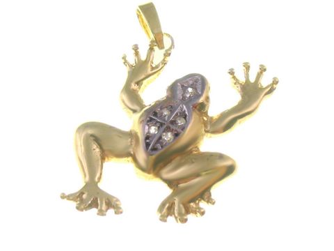 45019-0 Frosch Gold 585 Anhänger von Juwelier Harnisch mit Zirkonia, filigran gearbeitet, zeigt einen stilisierten Frosch in goldener Optik mit funkelnden Zirkonia-Akzenten.