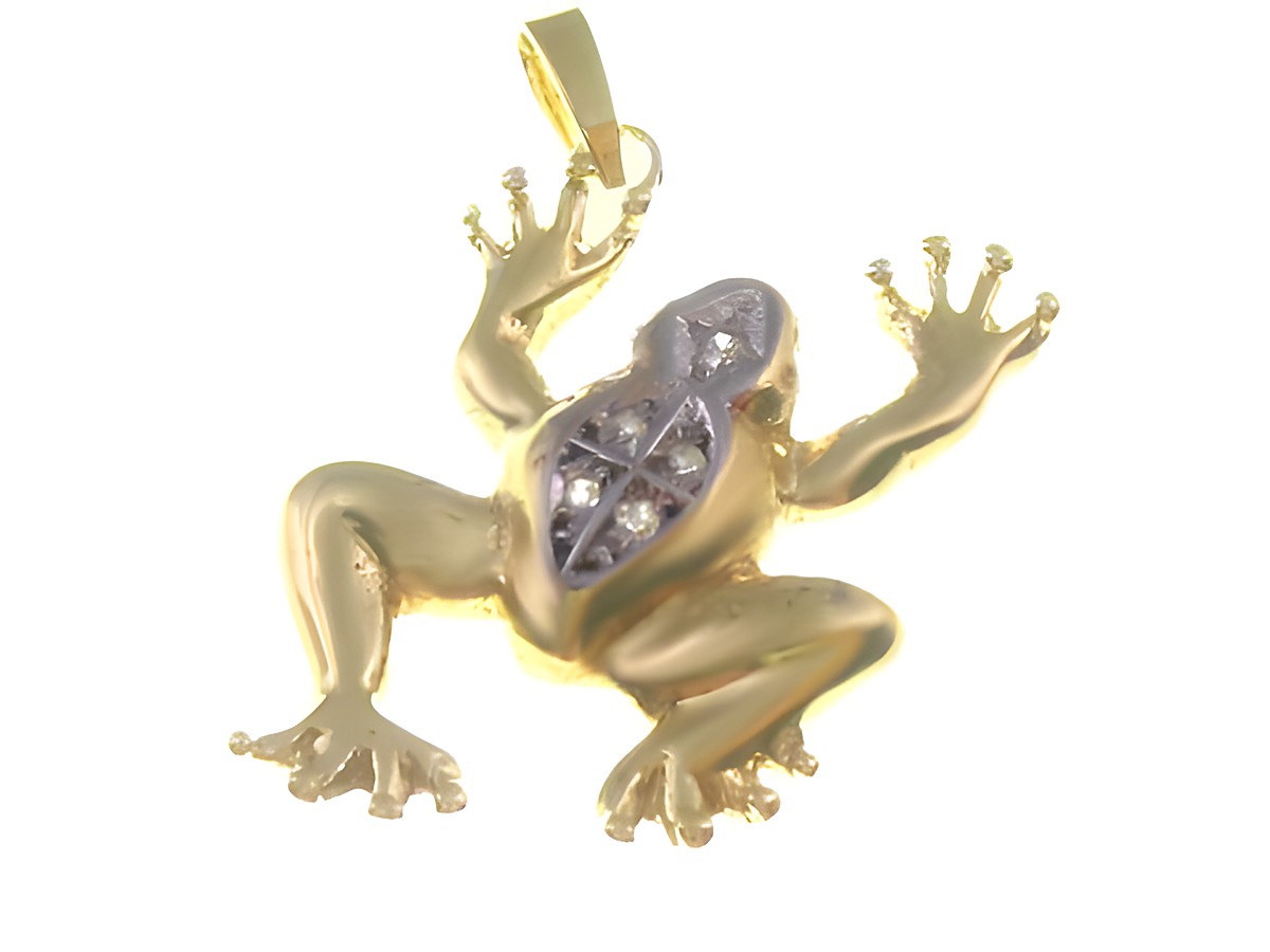 Frosch Gold 585 Anhänger von Juwelier Harnisch mit Zirkonia, filigran gearbeitet, zeigt einen stilisierten Frosch in goldener Optik mit funkelnden Zirkonia-Akzenten.