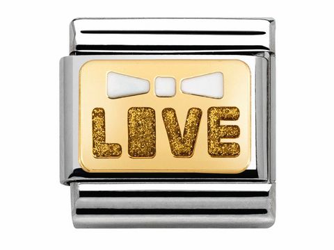 Armband aus Edelstahl mit einer goldenen, emaillierten Platte und dem Schriftzug LIVE in glitzernder Optik, umgeben von weißen Schleifenmotiven, von der Marke Nomination.