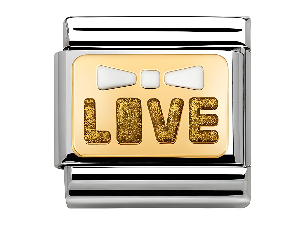 Armband aus Edelstahl mit einer goldenen, emaillierten Platte und dem Schriftzug LIVE in glitzernder Optik, umgeben von weißen Schleifenmotiven, von der Marke Nomination.