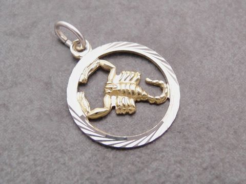 Silberner Anhänger mit vergoldetem Skorpion im Kreis, gefertigt vom Juwelier Harnisch, symbolisiert das Sternzeichen Skorpion. Elegantes Design mit feinen Details.