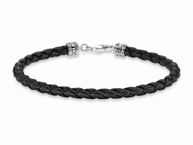 Thomas Sabo Armband A2011-682-11-L19 aus geflochtenem schwarzem Leder mit Sterling Silber Verschlüssen, 19 cm lang, stilvolles und elegantes Design für jeden Anlass.