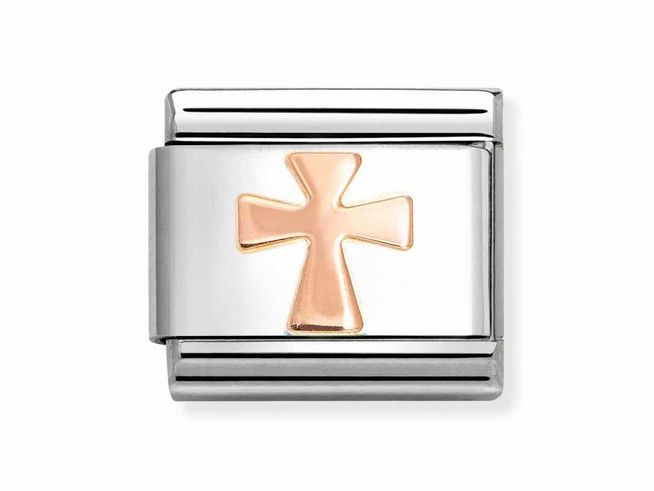 Kreuz aus Roségold auf silbernem Hintergrund, Modell Nomination Classic Roségold 430104 56, passend für Armbänder, elegantes Design, zeitlos und stilvoll.