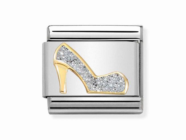 Emaillierter Schuh-Anhänger in Silber mit glitzernden Strasssteinen und goldenen Akzenten von Nomination, Modell Classic 030220 04, ideal für stilvolle Armbänder.