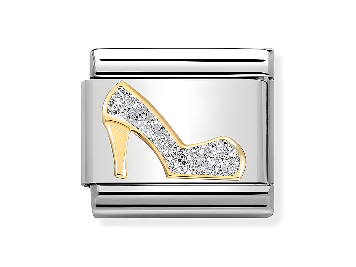 Emaillierter Schuh-Anhänger in Silber mit glitzernden Strasssteinen und goldenen Akzenten von Nomination, Modell Classic 030220 04, ideal für stilvolle Armbänder.