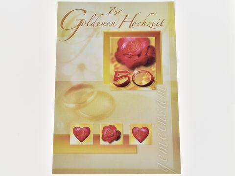Hochzeitskarte zur goldenen Hochzeit mit roten Rosen und der Zahl 50, gestaltet in einem eleganten Design, Hersteller Juwelier Harnisch, ideal für besondere Anlässe.