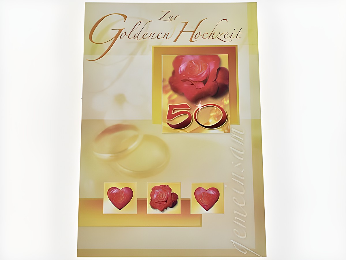 Hochzeitskarte zur goldenen Hochzeit mit roten Rosen und der Zahl 50, gestaltet in einem eleganten Design, Hersteller Juwelier Harnisch, ideal für besondere Anlässe.