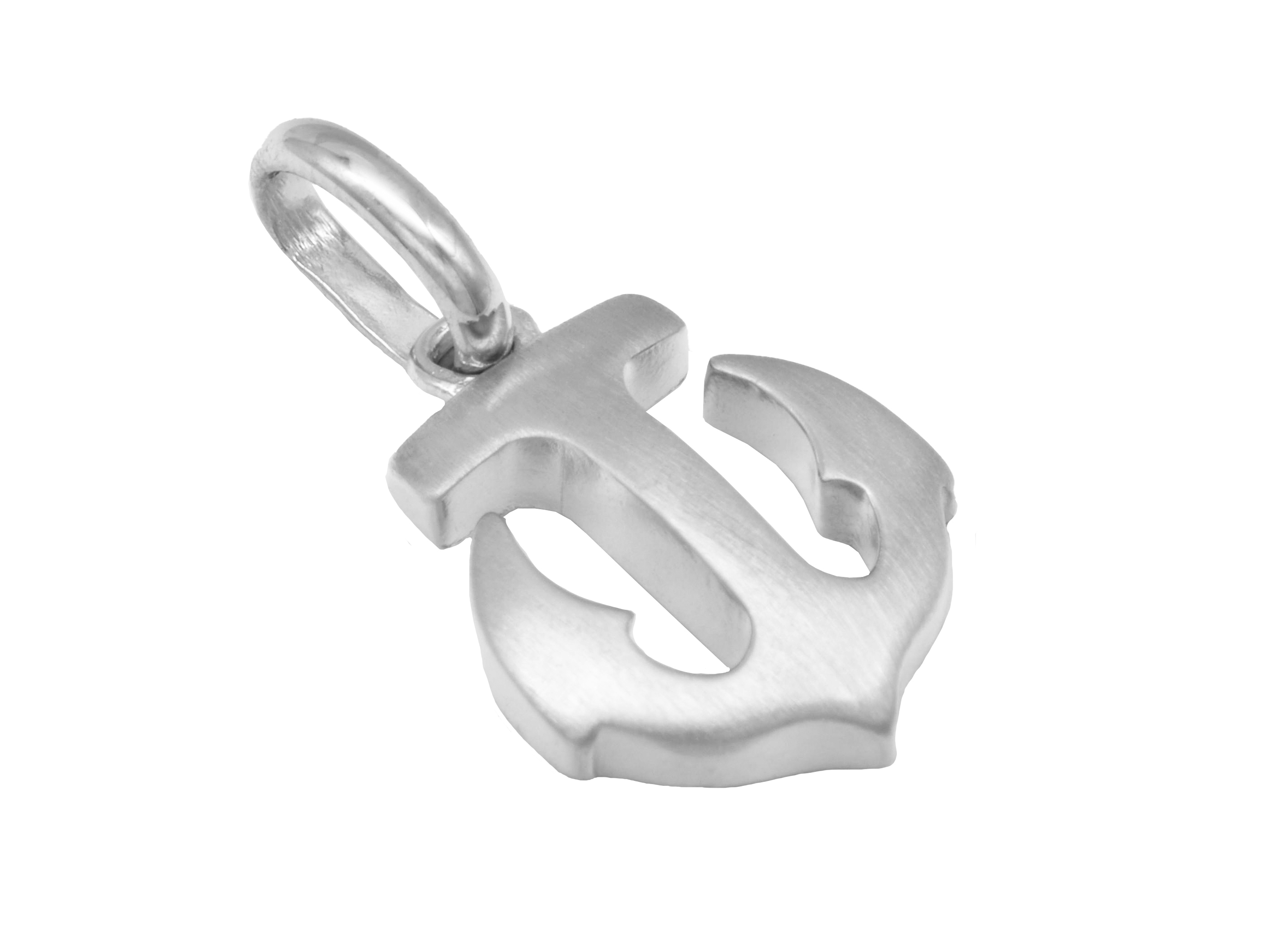 Ein teilmattierter Anker Anhänger aus rhodiniertem Sterling Silber, ideal für maritime Schmuckliebhaber. Hersteller Juwelier Harnisch, perfekt für Seefahrt-Enthusiasten.