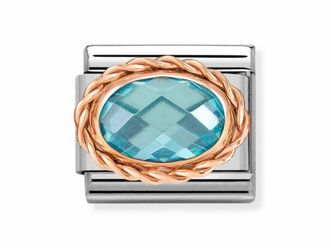 Edelstahl-Pandora Charm in Roségold mit einem ovalen, himmelblauen Zirkonia im geflochtenen Rahmen, elegantes Design für stilbewusste Träger.