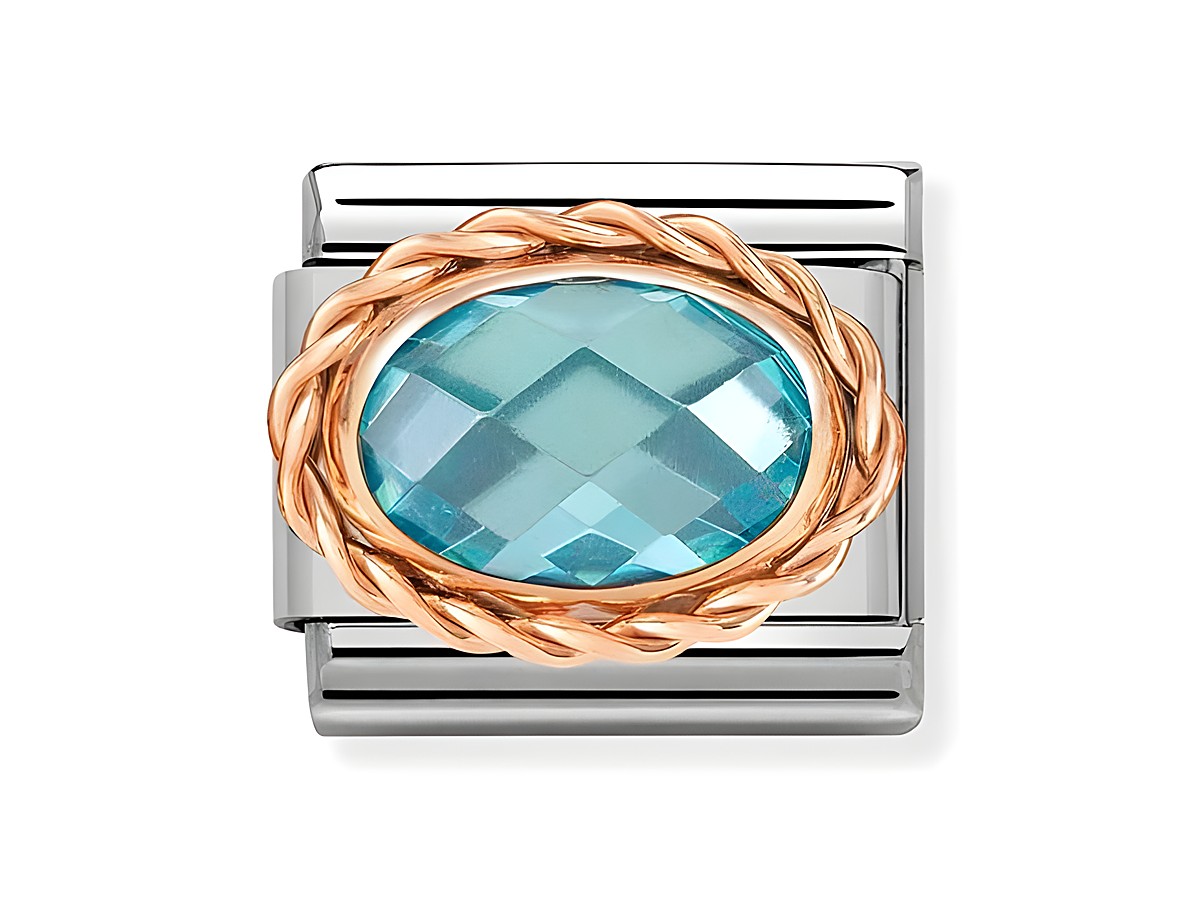 Edelstahl-Pandora Charm in Roségold mit einem ovalen, himmelblauen Zirkonia im geflochtenen Rahmen, elegantes Design für stilbewusste Träger.