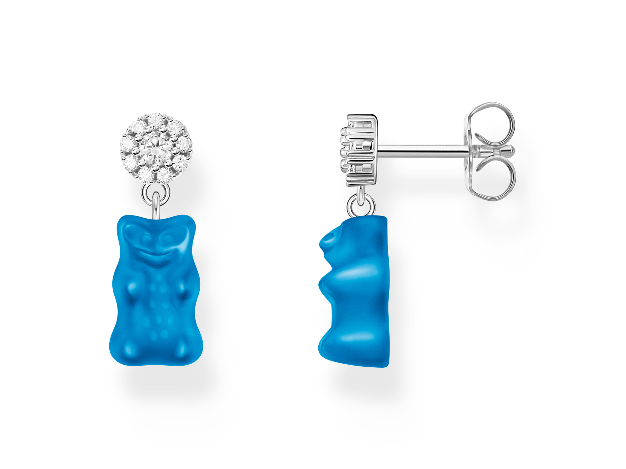Thomas Sabo Ohrringe in Goldbär Gummibärchen blau, mit funkelndem Anhänger, ideal für verspielte Eleganz. Neuheit des Herstellers Thomas Sabo.