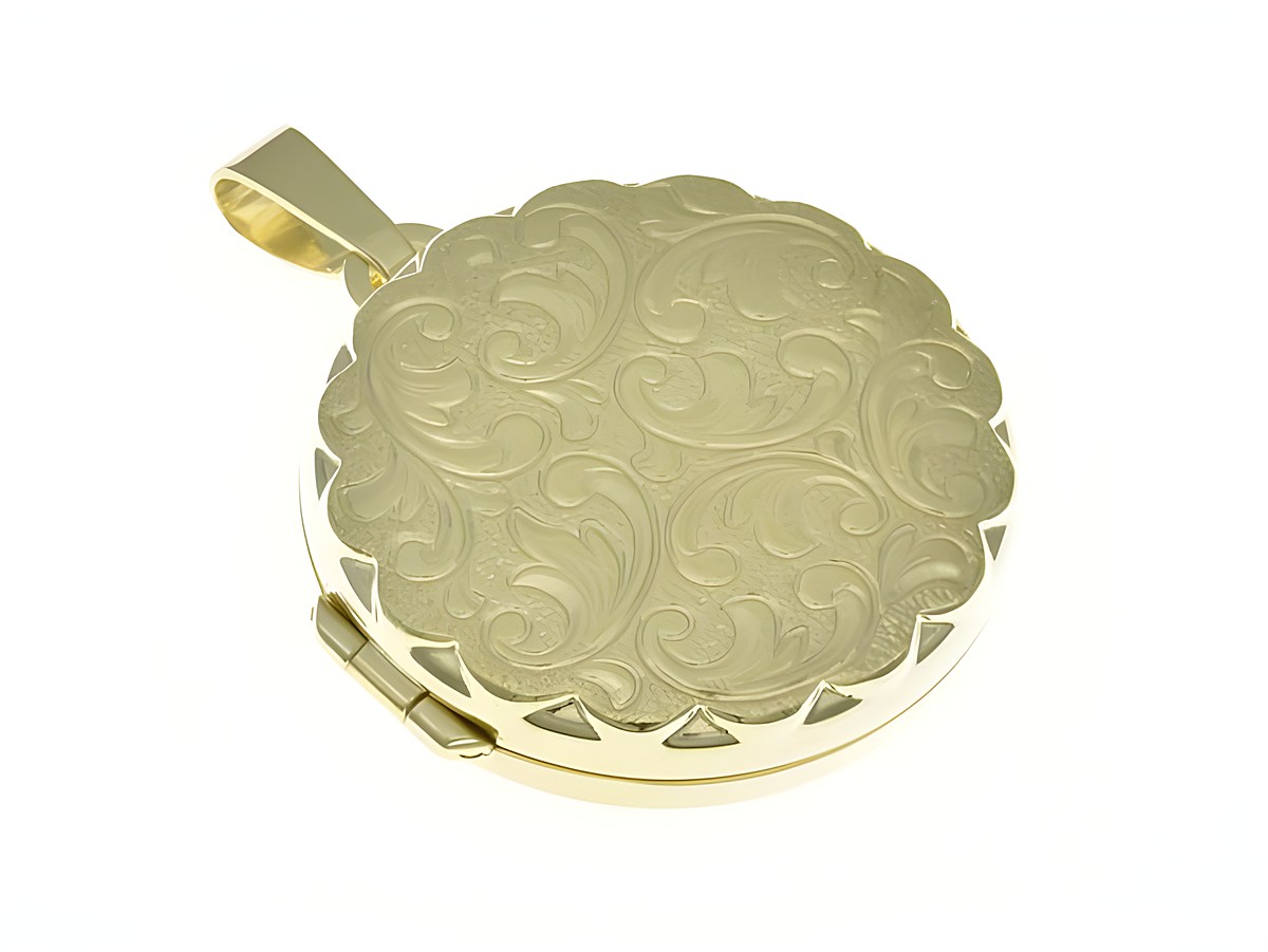 Medaillon in rundem Design mit feinem Diamantschliff, aus Sterling Silber, gelbgold vergoldet, reizend verziert, Hersteller: Juwelier Harnisch, vergoldet in edlem Gelbgold.