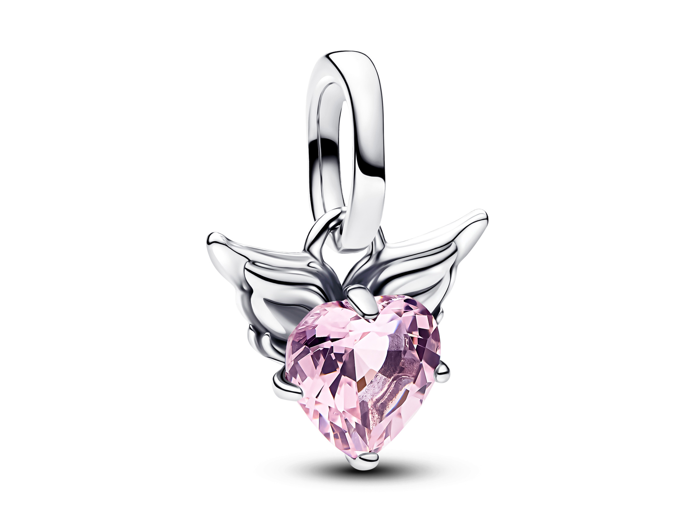 Geflügelter Herz Mini Charm Anhänger aus Silber mit pinkem Kristall, ideal für individuelle Schmuckstücke und als besondere Geschenkidee. Neuheit von Pandora ME, elegant und verspielt.